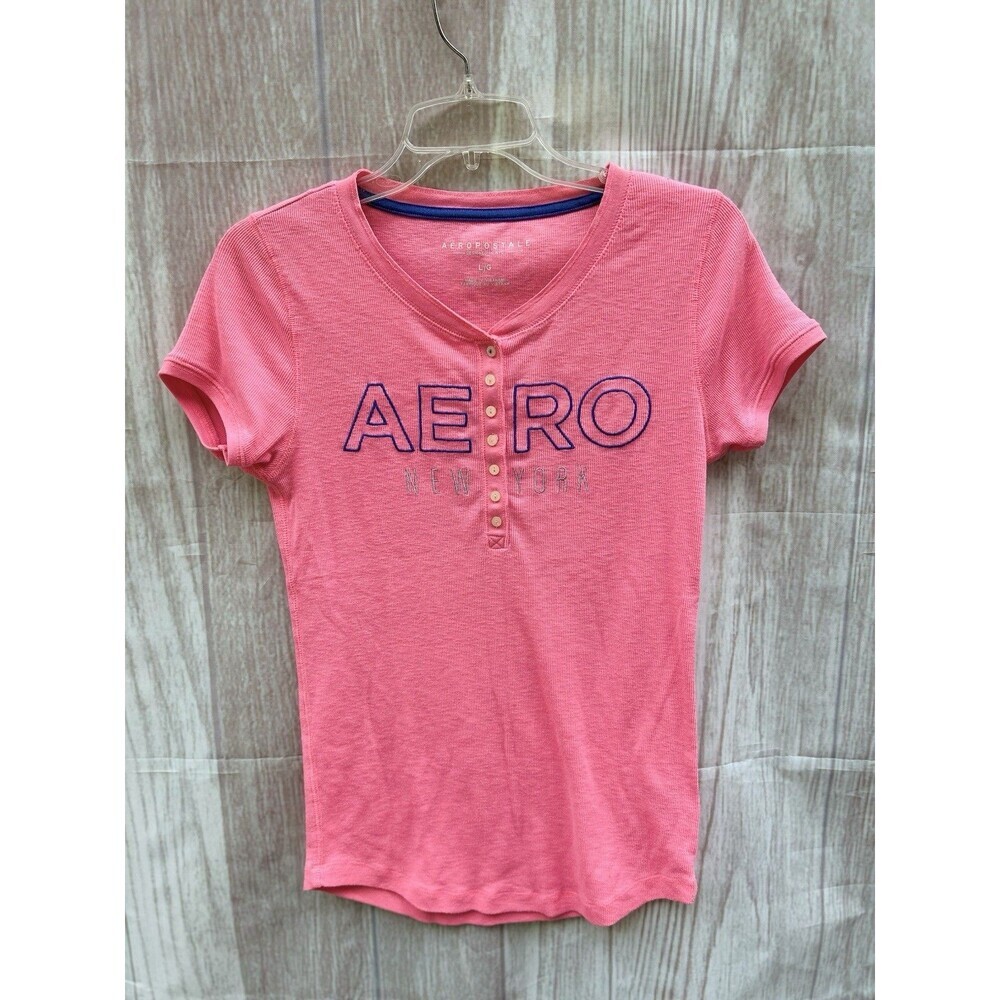 Aeropostale Y2K M Womens Fitted Henley Top Pink Ribbed Preppy Large